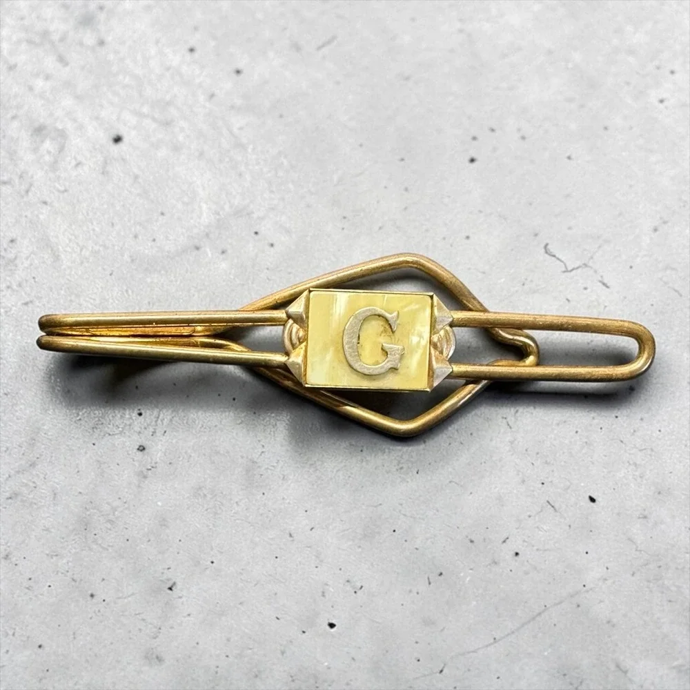 Vintage Initial G Tie‎ Clip Gold Tone Mother of Pearl Mens Monogram Bar